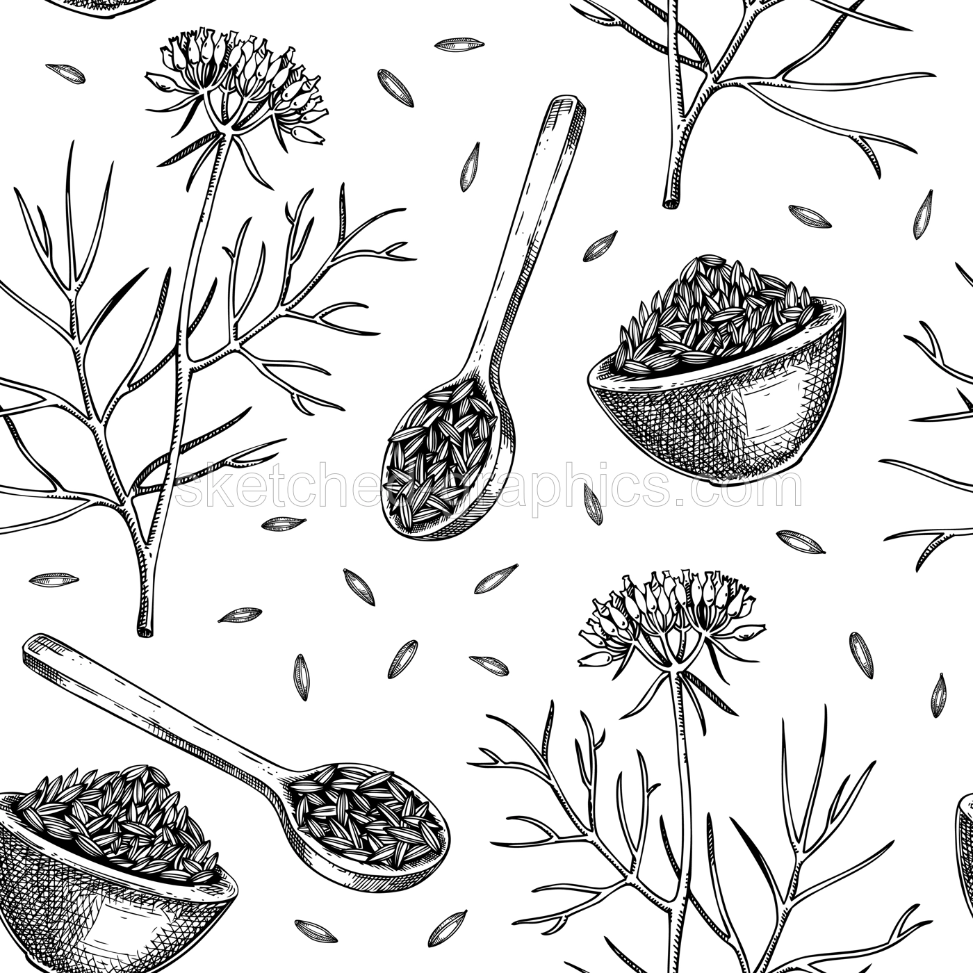 Cumin seamless pattern. Kitchen spice sketches. Indian herbs and spices background. Hand-drawn vector illustration. NOT AI generated Illustration